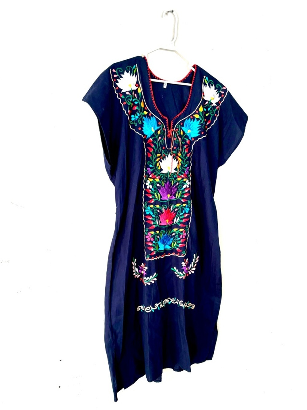 VTG Mexican Embroidered Dark Blue w/Adjust Ties Midi Dress M/L - Picture 2 of 6